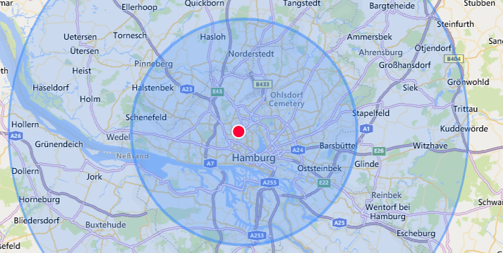 Mithilfe eines Tools von Google-Maps kann man den ungefähren 15-Kilometer-Radius von Hamburg sehen: Der innere Kreis zeigt die Grenzen Hamburgs, der äußere den 15-Kilometer-Radius. 