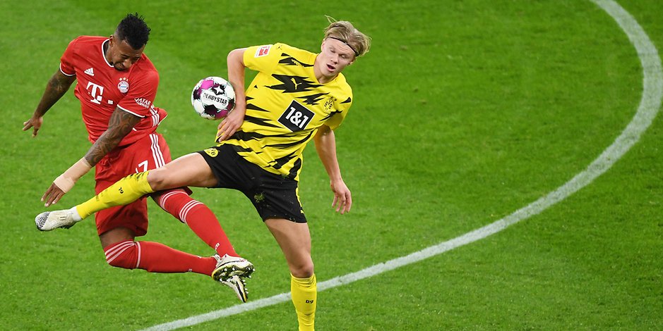 Dortmund-Torjäger Erling Haaland (r.) im Hinspiel-Duell mit Jerome Boateng