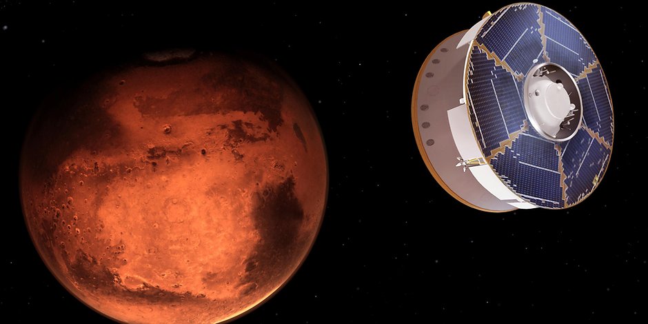 Illustration der Raumsonde Mars 2020, die den Rover transportiert, bei der Annäherung an den Mars.