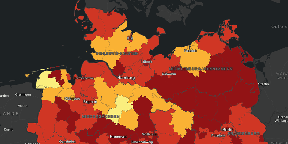 Bei den orangefarbenen Regionen liegt die Sieben-Tage-Inzidenz unter 50, bei den gelben Regionen unter 25. 