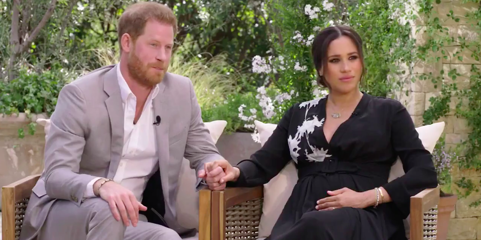 Der Screenshot des CBS-Trailers zeigt Harry und die schwangere Meghan im Interview mit Oprah Winfrey.