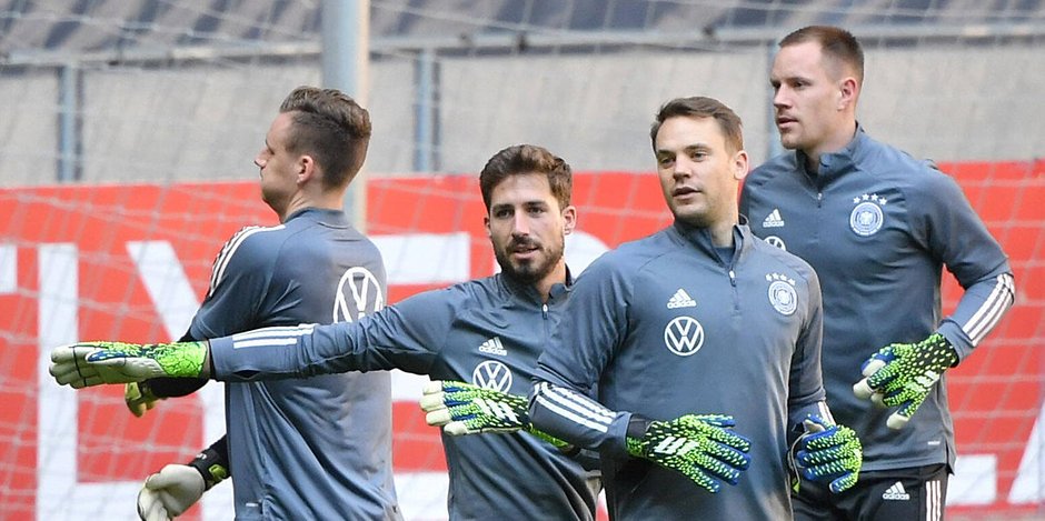 Die DFB-Torhüter (v.l.) Bernd Leno, Kevin Trapp, Manuel Neuer und Marc André ter Stegen 