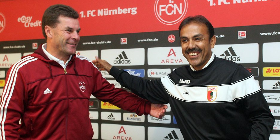 Eins von bislang vielen erfolgeichen Duellen. 2012 setzte sich Dieter Hecking mit Nürnberg in der Relegation gegen Augsburg Jos Luhukay durch. 