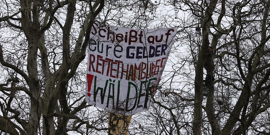 Ein Banner der Aktivisten hängt in den Bäumen.