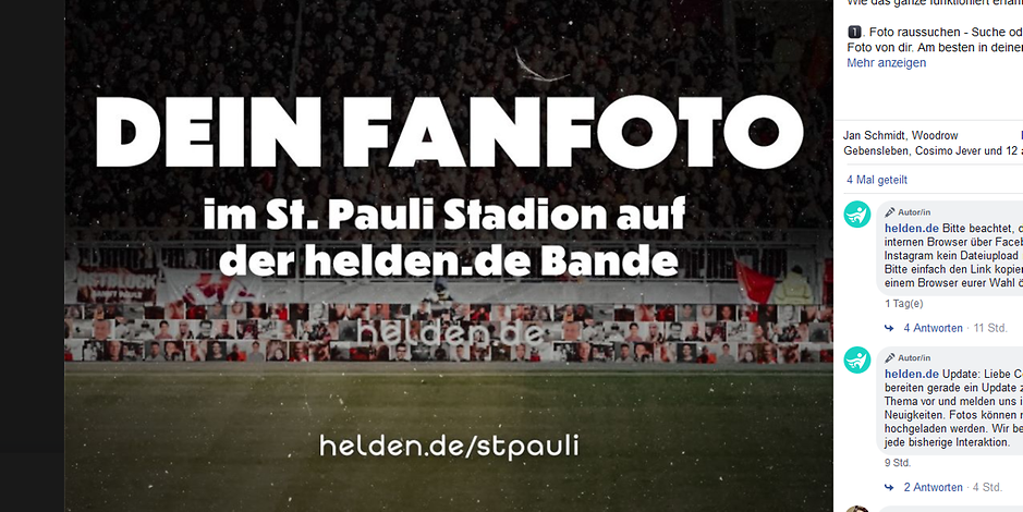 St. Pauli-Sponsor „helden.de“ forderte im Rahmen einer Aktion Fans auf, ihre Bilder hochzuladen, die beim Heimspiel gegen Regensburg im Stadion gezeigt werden sollten.
