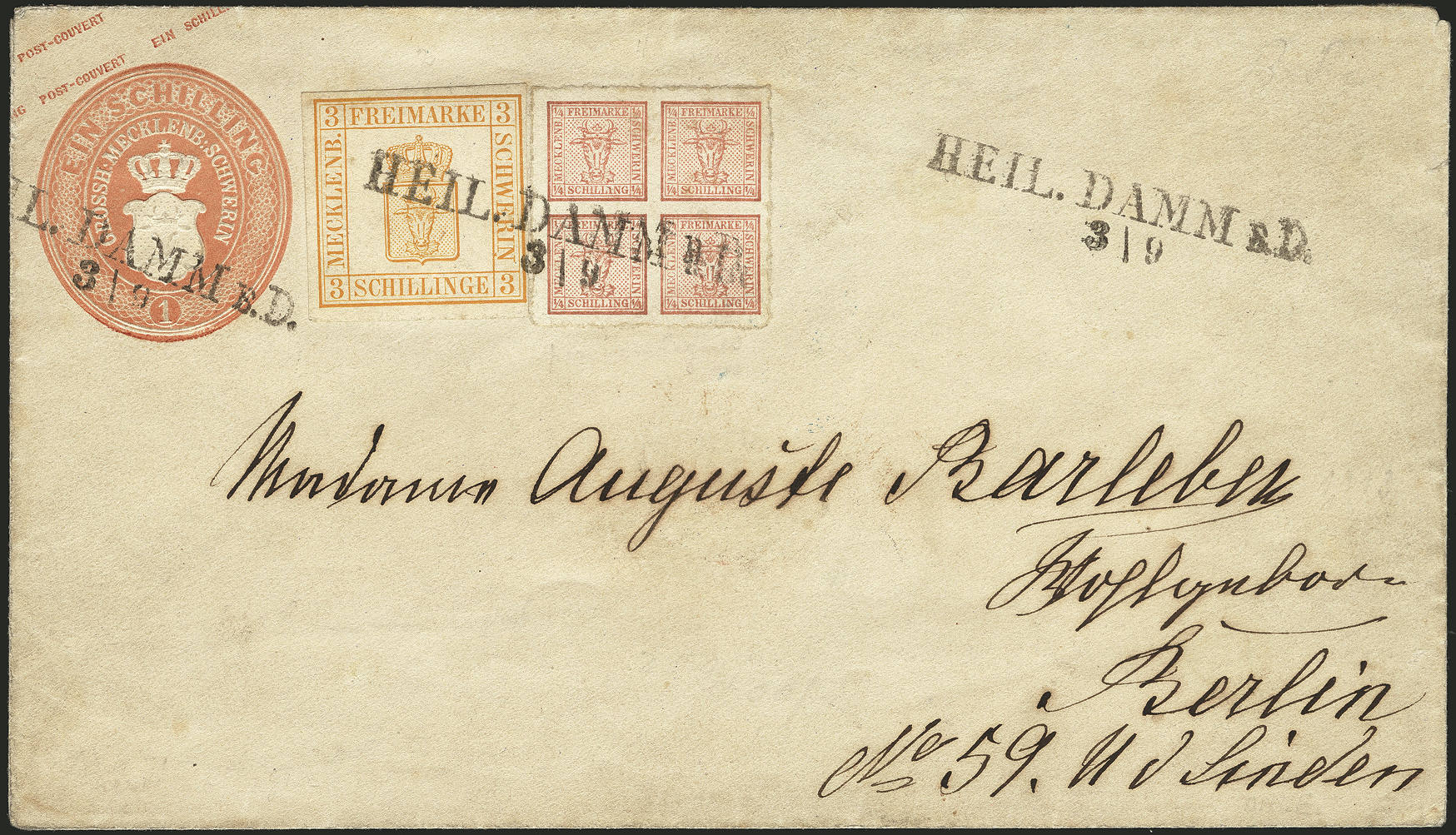 Ein Briefumschlag aus dem Ostseebad Heiligendamm, adressiert an Madame Auguste Barleben in Berlin, gehört zur Briefmarkensammlung des ehemaligen Tengelmann-Chefs Haub, die am 25.09.2021 in Wiesbaden unter den Hammer kommt.