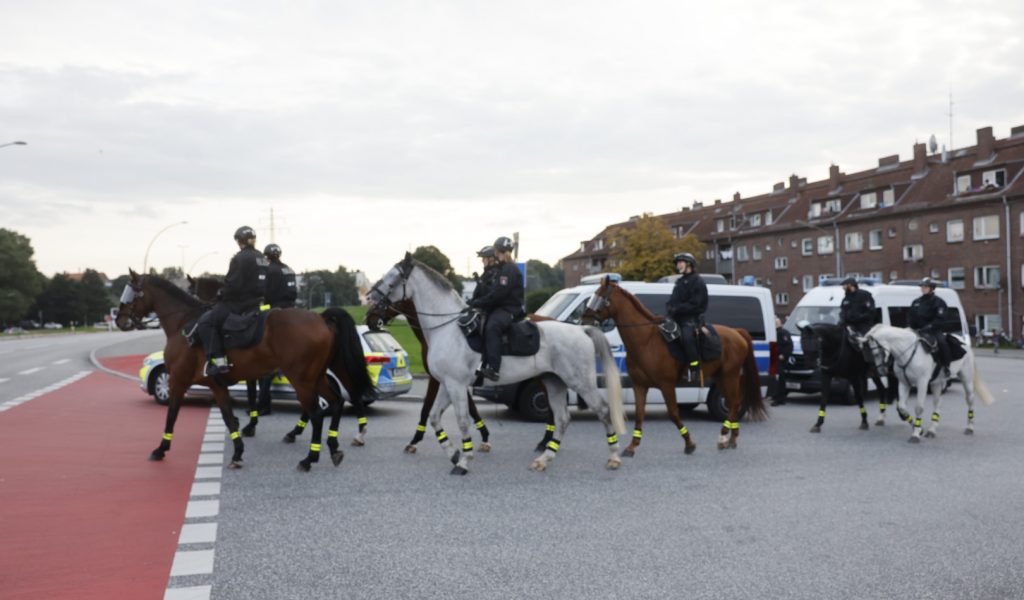 Auch die Reiterstaffel der Hamburger Polizei war zur Antifa-Demo in Wilhelmsburg vor Ort.