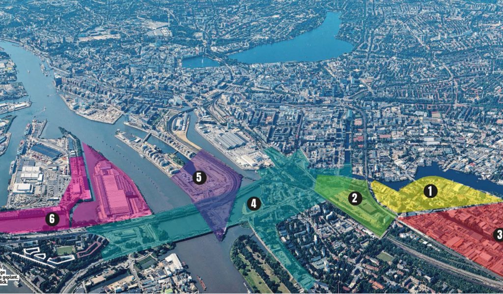 Luftbild von Hamburg, eingezeichnet sind sechs Baugebiete