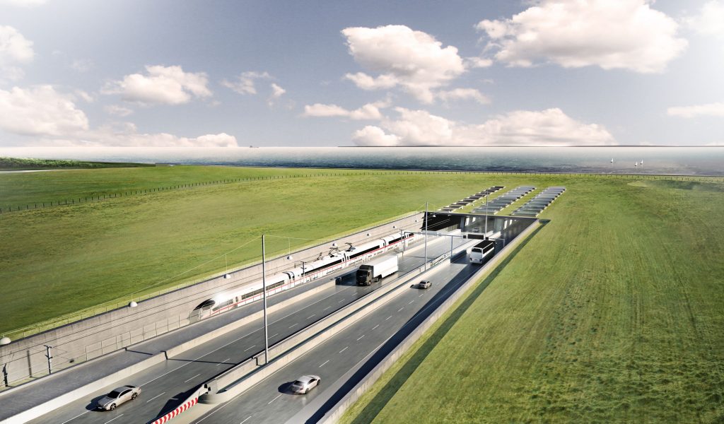 Dänemark, Rodbyhavn: Eine Visualisierung des geplanten Fehmarnbelt-Tunnels zwischen Deutschland und Dänemark mit dem Tunneleingang auf dänischer Seite bei Rodbyhavn.