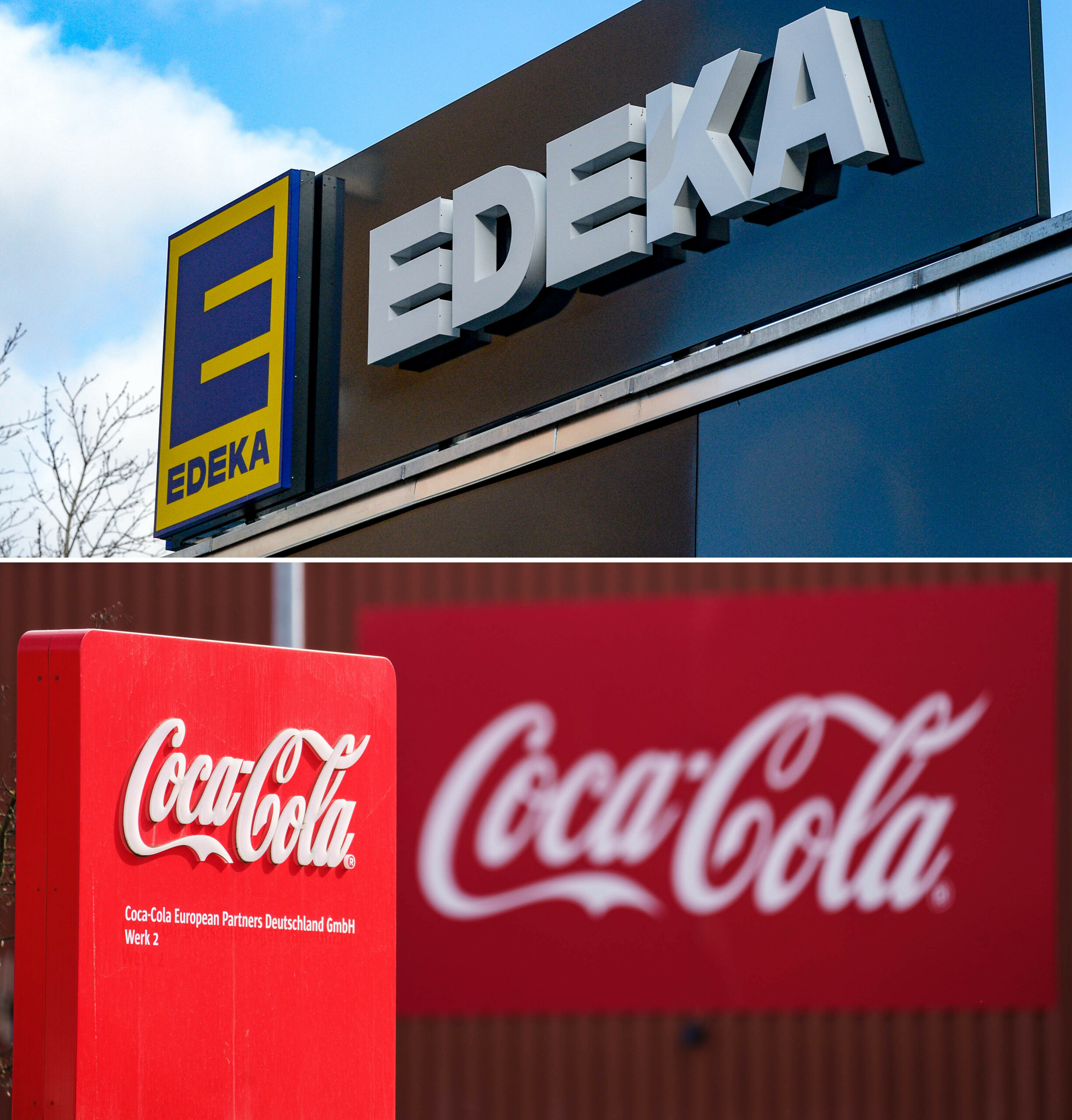 Das Edeka Logo über dem Coca Cola Logo