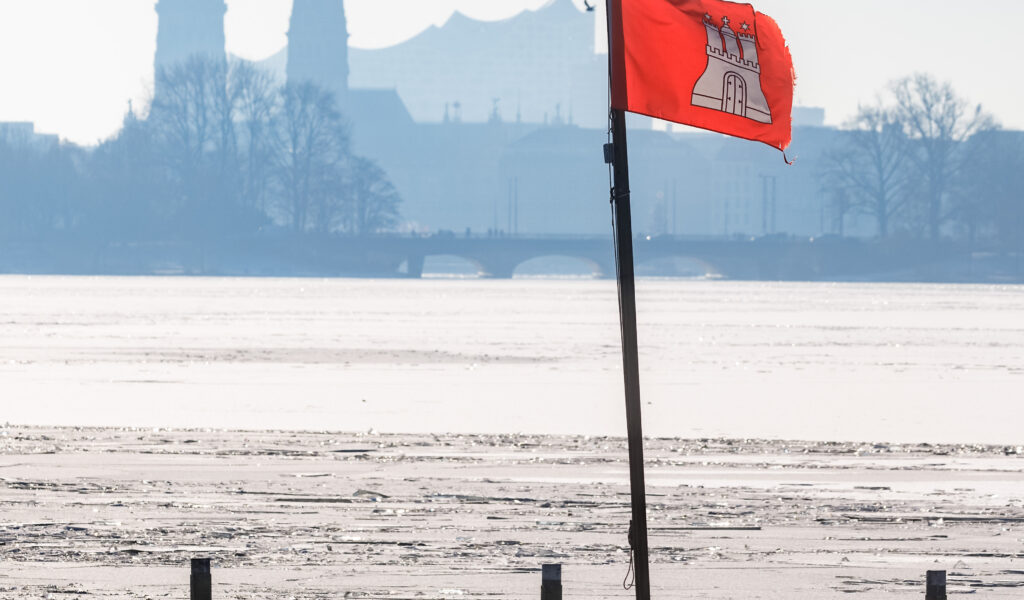 Eine Hamburg-Flagge vor den Wahrzeichen Hamburgs