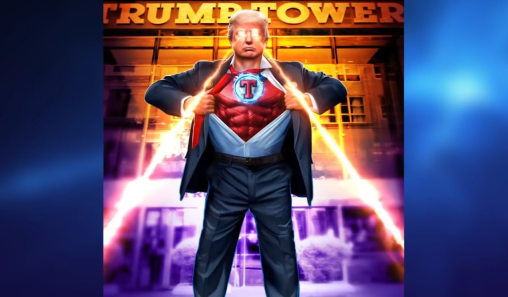 Donald, der Superheld: Dieses und weitere Motive mit sich selbst verkauft Donald Trump als digitale Sammelbildchen.