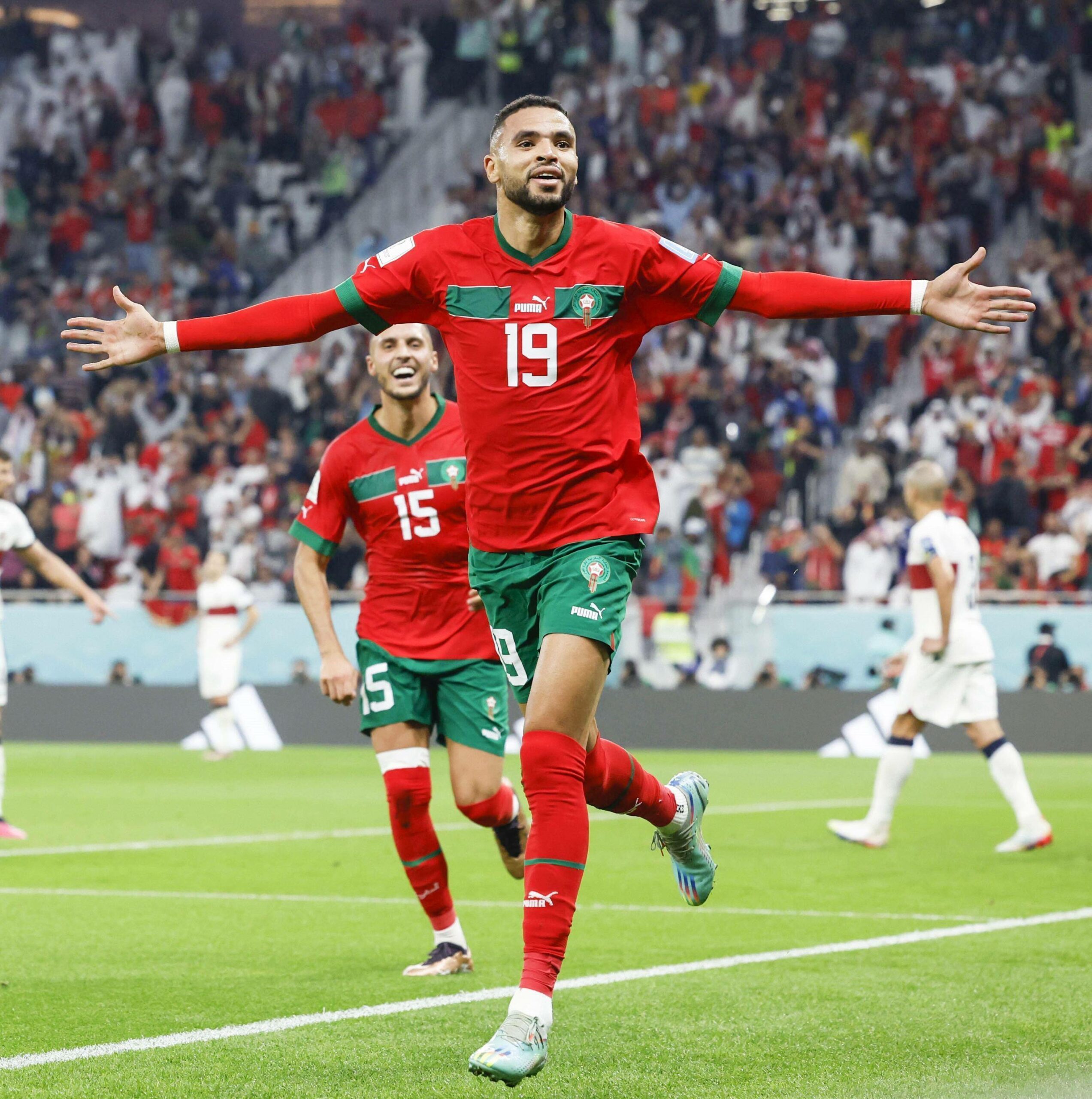 Youssef En-Nesyri bejubelt ein Tor von Marokko bei der WM