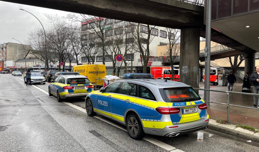 Streifenwagen der Polizei und Fahrzeuge der Feuerwehr am Tatort in Billstedt.