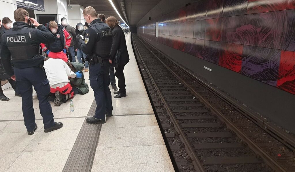 Bundespolizisten und Sanitäter kümmern sich um die auf die Gleise gestürzte Frau.
