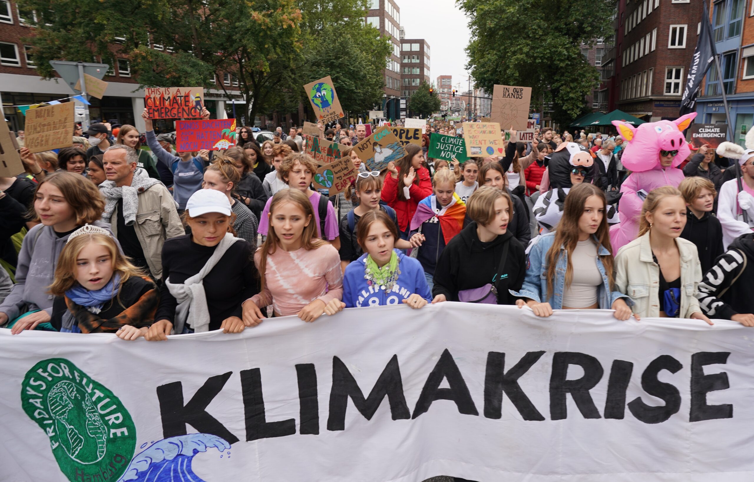 Teilnehmer des globalen Klimastreiks von Fridays for Future (FFF) demonstrieren in der Innenstadt.