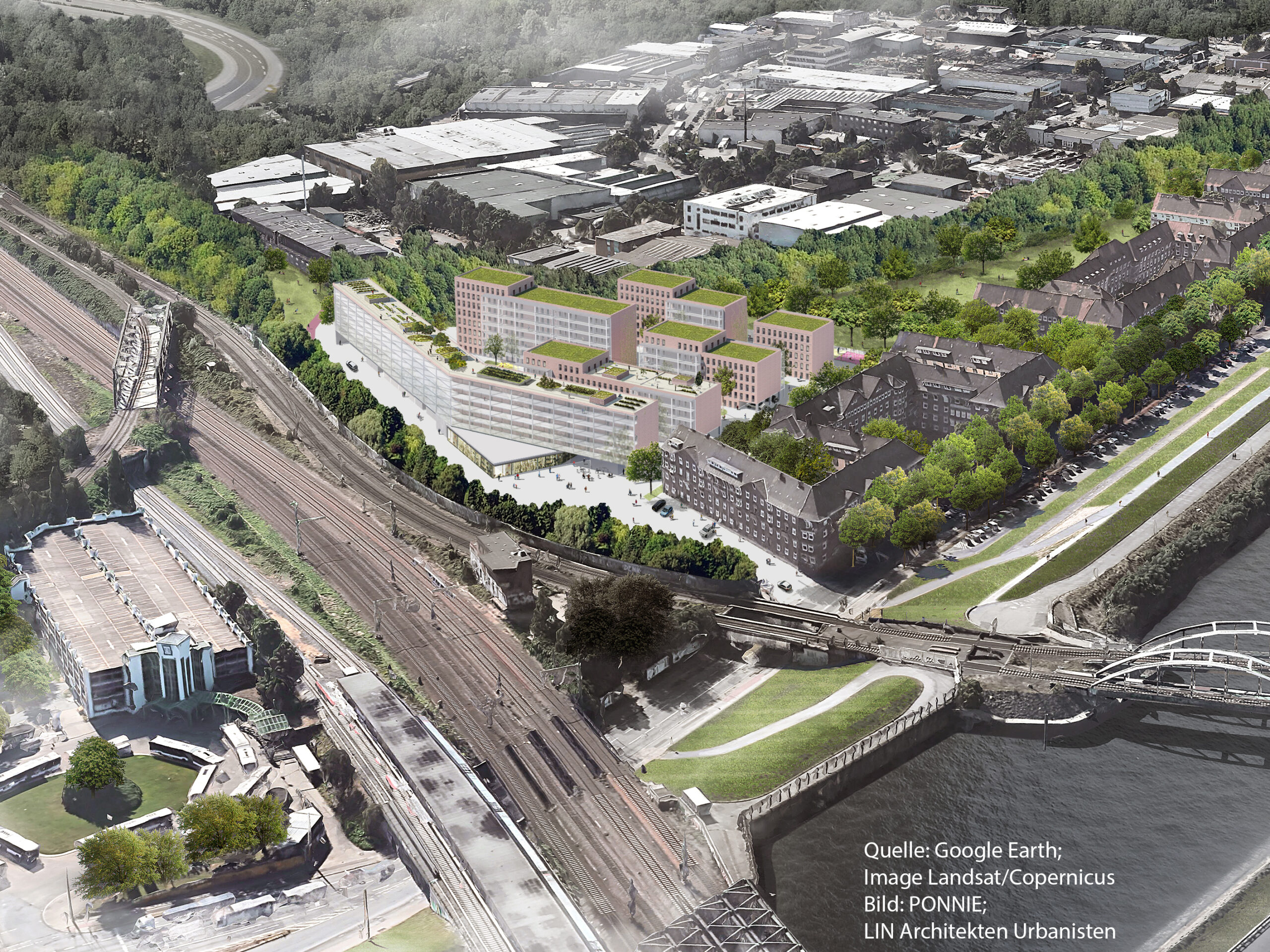 Dieses Projekt soll für frischen Wind sorgen rund um den S-Bahnhof Veddel: der „Hafenbahnpark“ (Visualisierung)
